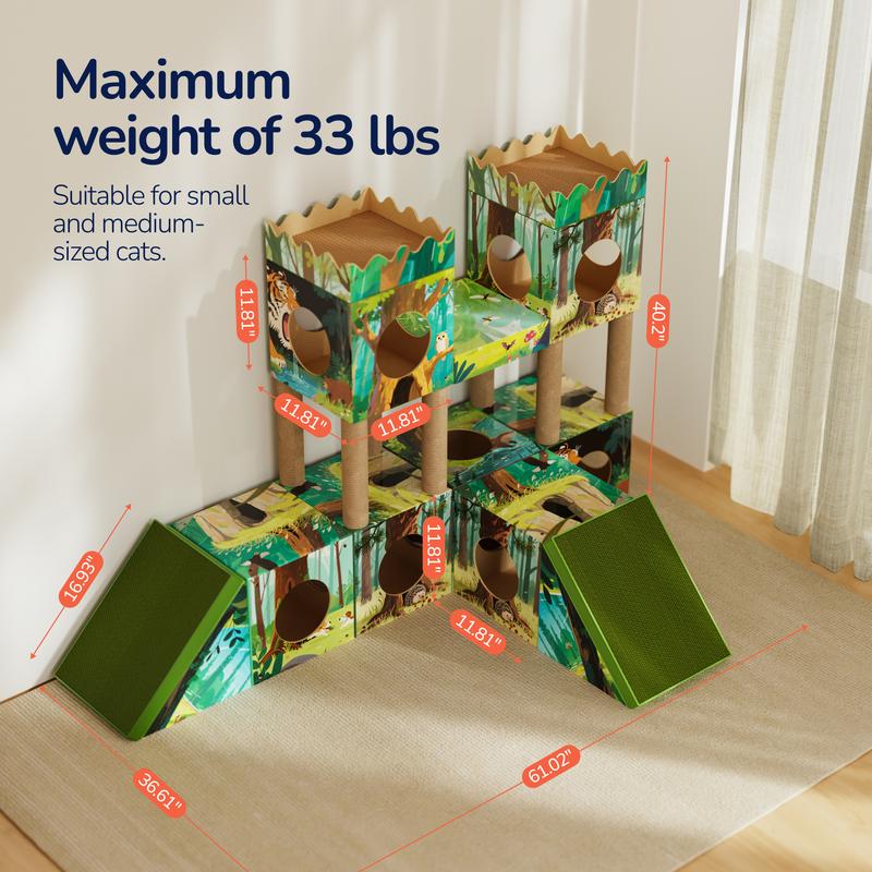 PalNests Cardboard Cat Tree 3-in-1 Multi-Level Tower with Scratching Posts & Tunnel for Kittens & Medium Cats DIY Recyclable