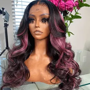 Ombre Lace Front Wig Human Hair Skunk Stripe Human Hair Wigs 13x6 Hd Lace Frontal Body Wave Highlight Pink Human Hair Wig Pink and Black Colored Wigs Human Hair 180% Density 32 Inch