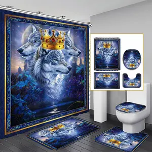 1/3/4PCS Regal Wolves Shower Curtain set, Majestic Bathroom Decor, Accessories with Bath Mat, U-shaped Mat, Toilet Lid Cover, 12 Hooks 180x180cm Curtain, Wolf Art, Home Decor, bathroom accessories.
