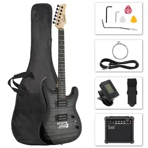 Flower Dance GST Stylish H-H Pickup Tiger Stripe Electric Guitar Kit with 20W AMP Bag Guitar Strap Black Perfect for Beginners and Gift