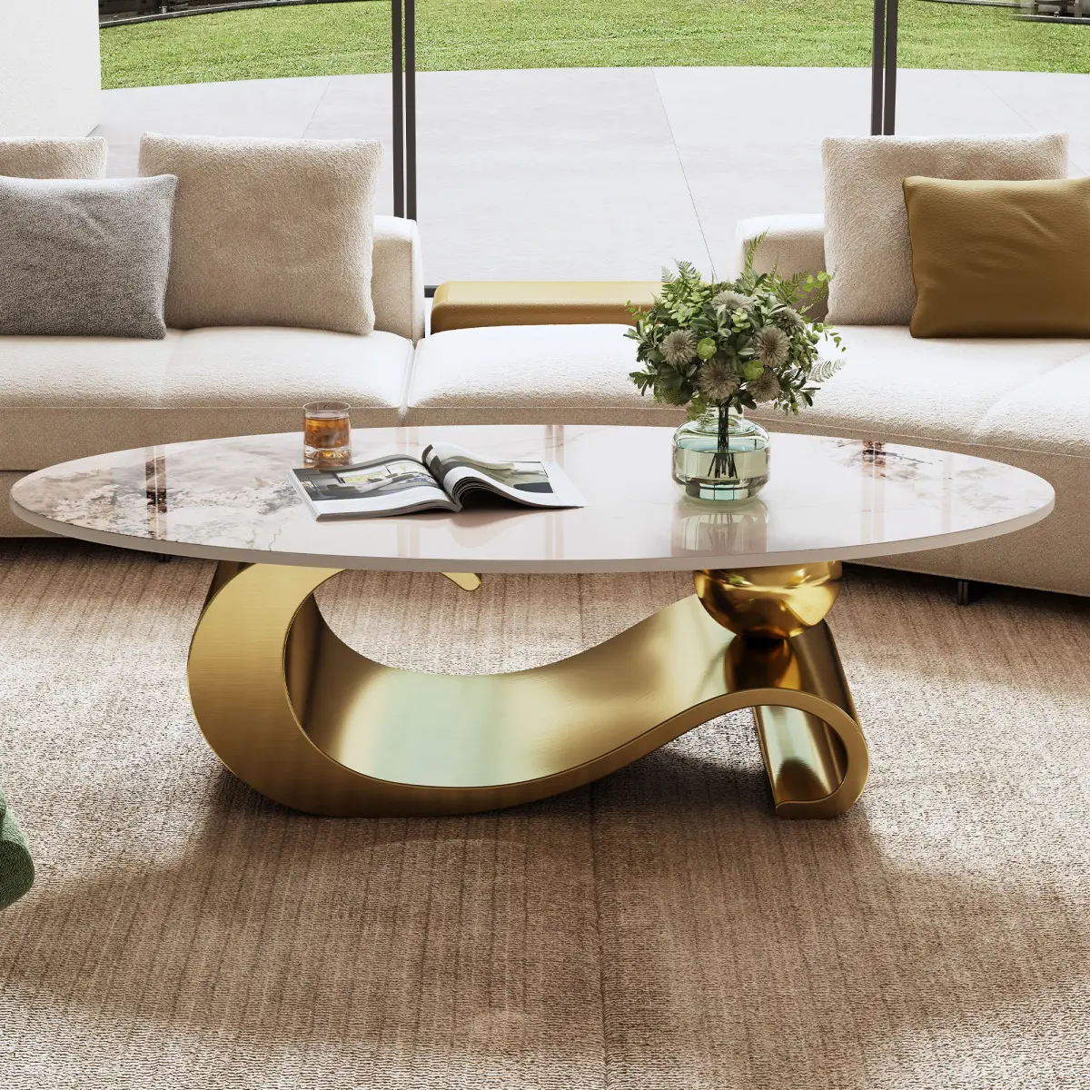 [Bellemave]49.2" Faux Marble Oval Coffee Table, Contemporary Gold Stainless Steel Base, Modern Center Table for Living Room