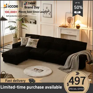 【3 packages delivery】Niccae L-Shaped Corduroy Sofa with USB Port & Cup Holder, Movable Footrest, 4 Back & Waist Pillows, Large Sectional for Living Room, Home Office & Apartment, Solid Wood Frame