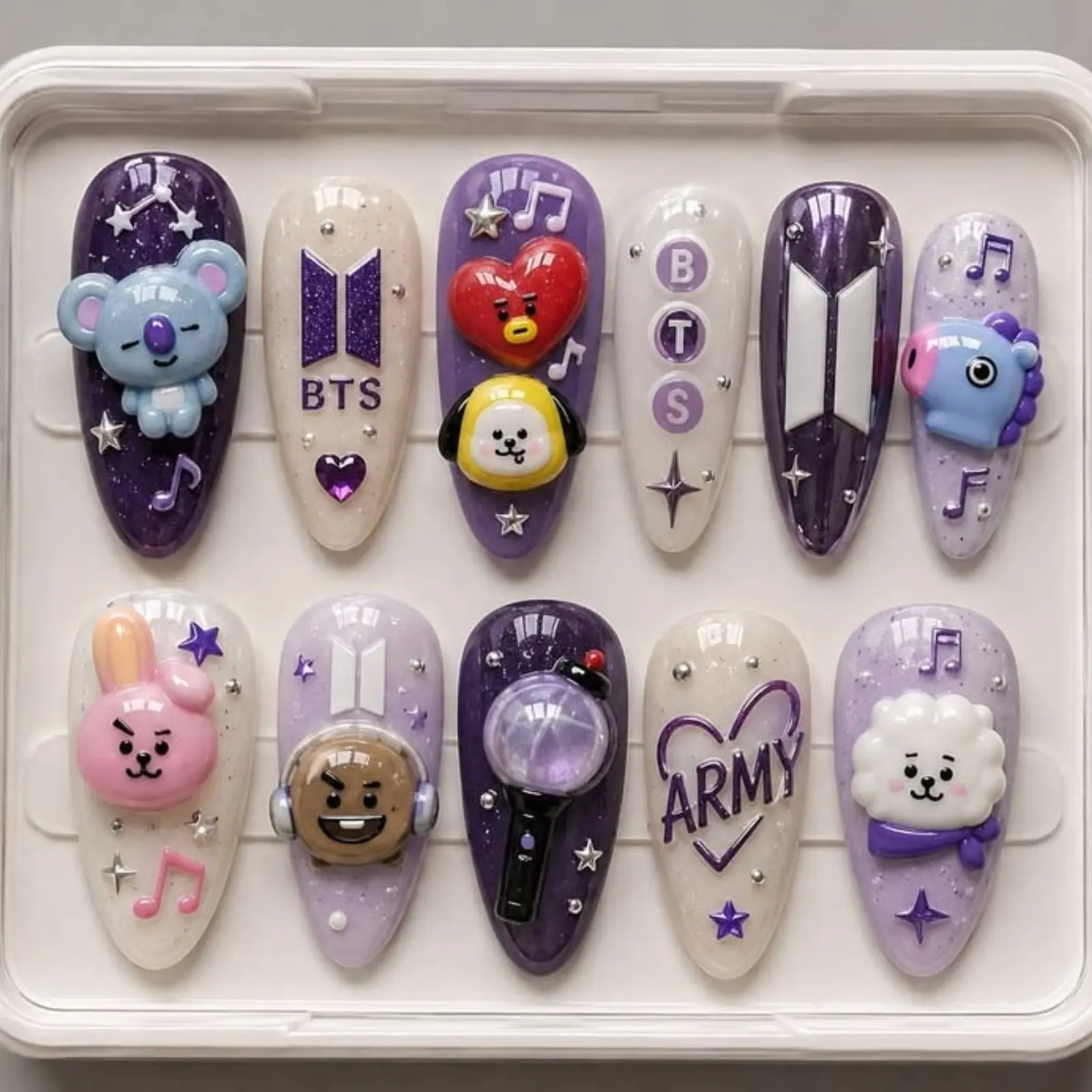 Kpop Korean Inspired Press On Nails | Purple 3D Character & Music Nail Art | Cute Idol Fan Nail Set | Handmade Statement Fake Nails