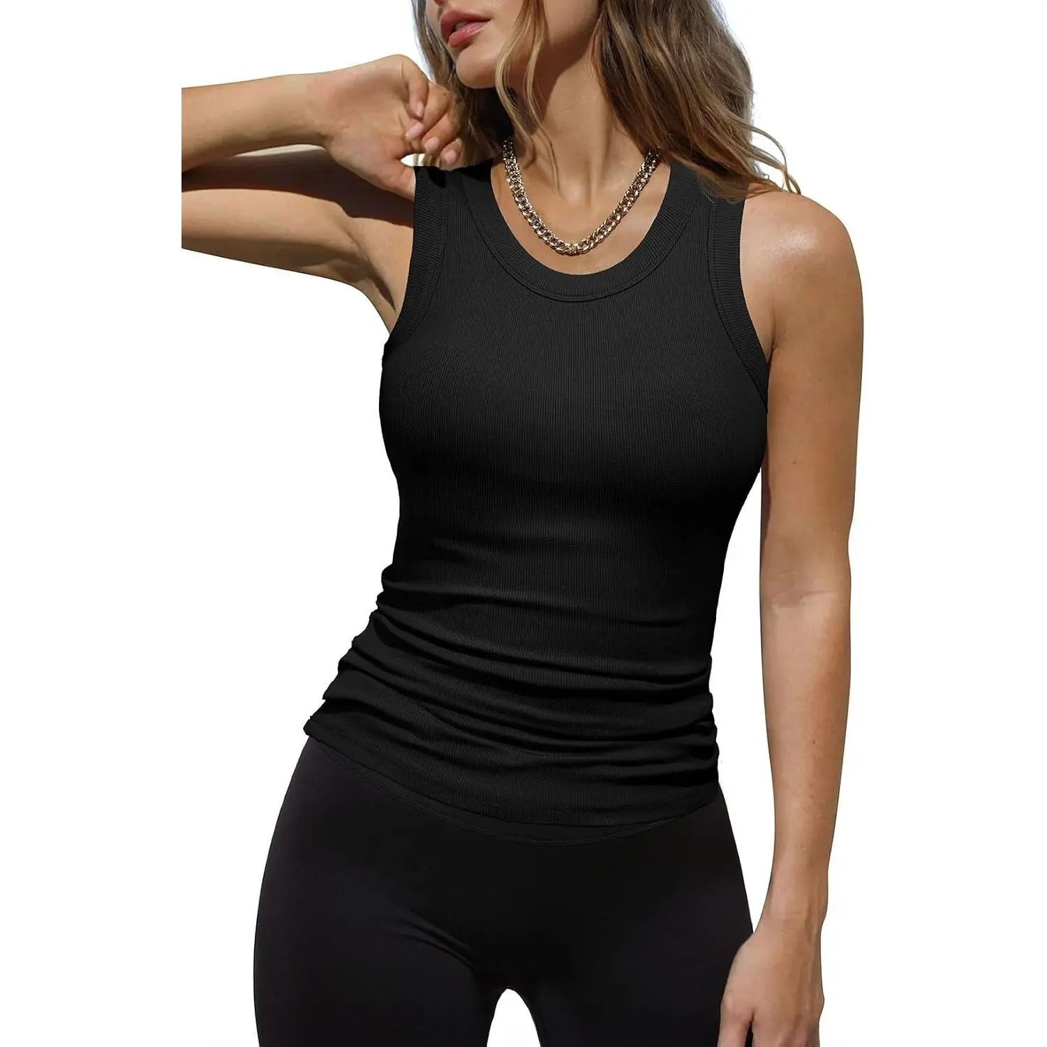 Womens Ladies Ribbed Thick Strap Racerback Tight Slim Fitted Sporty Workout Tank Tops