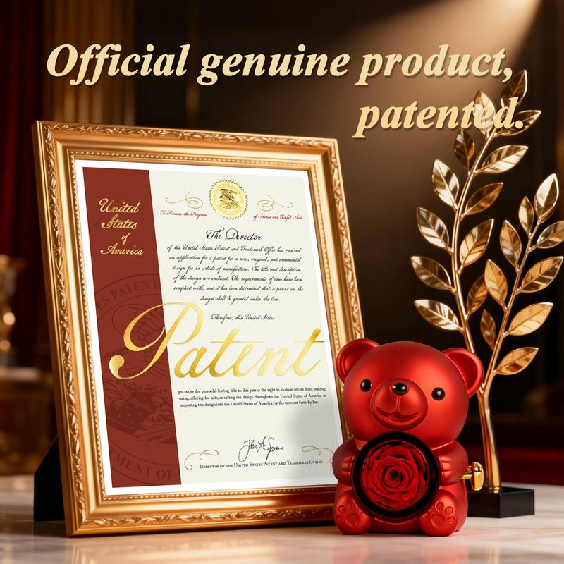 【Valentine's Day gift】 Romantic gifts- Red Real Rose Bear, Heart-Designed Ring & Exquisite Pendant Necklace with Flowers & Rhinestones, Ideal for Mom's Birthday, Wife's Anniversary, Expressing Love & Eternal Roses