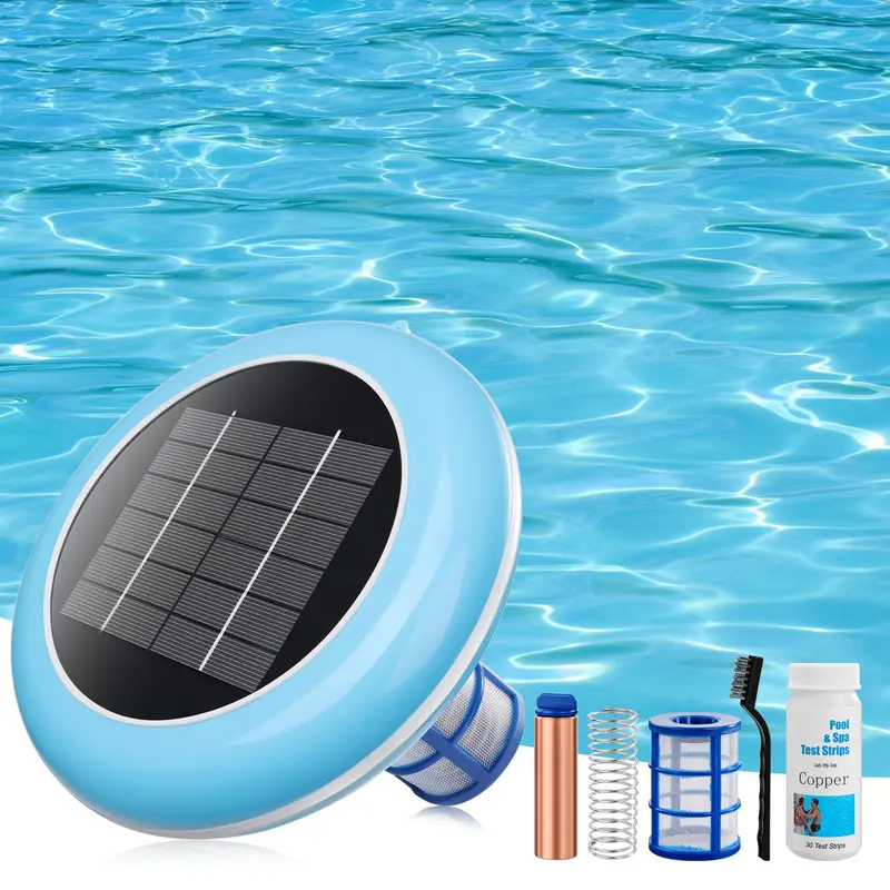 Solar-Powered Float Mount Pool Cleaning Ionizer with Solar Panel - Copper Purifier, Chlorine Free Supplies, 1-2 Qtr Replace, 35000 Gal Capacity, Salt-Safe, Skin & Eye-Friendly Water Softening