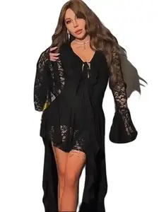 V Neck Drawstring Neckline Long Sleeve Lace Stylish Flare Skirt Fitted Party Line Dress Casual Womenswear