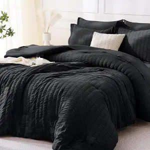 MUXHOMO 7 Pieces Queen Comforter Set, Seersucker Bed in a Bag Queen Size, All Season Luxury Bedding Set with Comforter, Flat Sheet, Fitted Sheet, Pillowcases & Shams, Black