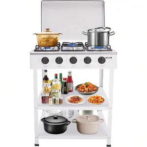 Propane Gas Stove, 5 Burner Portable Gas Stove With Support Leg Stand And Wind Blocking Cover Adapter, 5 Burner Propane Burner For RV, Apartment, Outdoor (White)