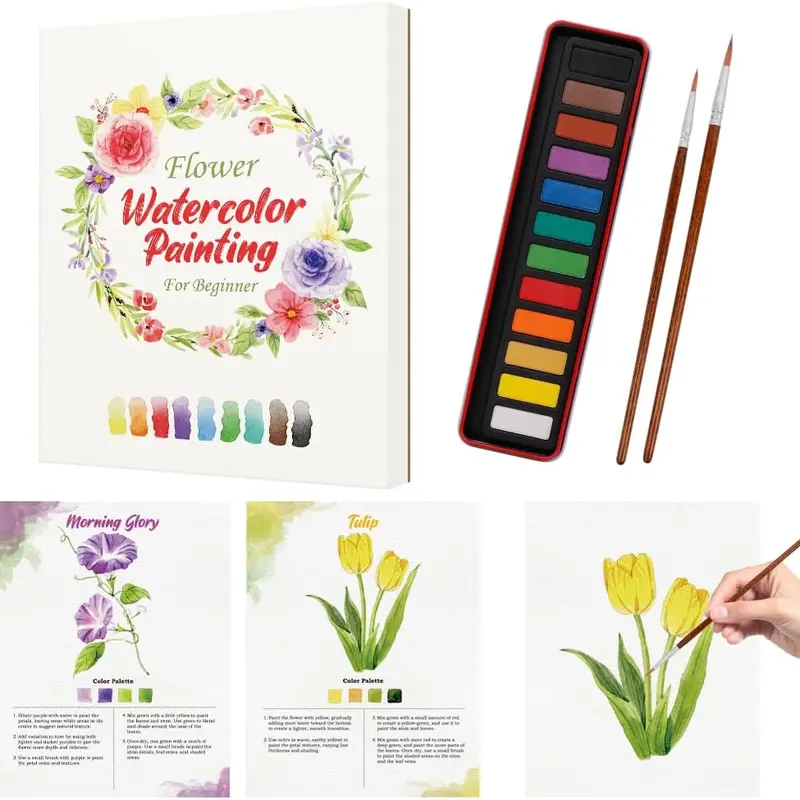 SkilLify Watercolor Flowers Sketchbook & Paint Kit - Adults' Hobbies Kit, Art Supplies, 12-Color Paints, Brush, Guided Step-bys, 12 Flower Examples, Practice Painting Anytime Anywhere, Finished Art to Frame & Gift, Valentine's Day Gift for Teens