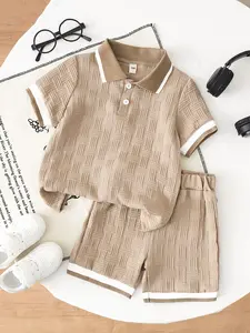 Boys' Summer Casual Shorts Set, Button Neck T-Shirt & Shorts, Lightweight Comfortable Trendy Sportswear