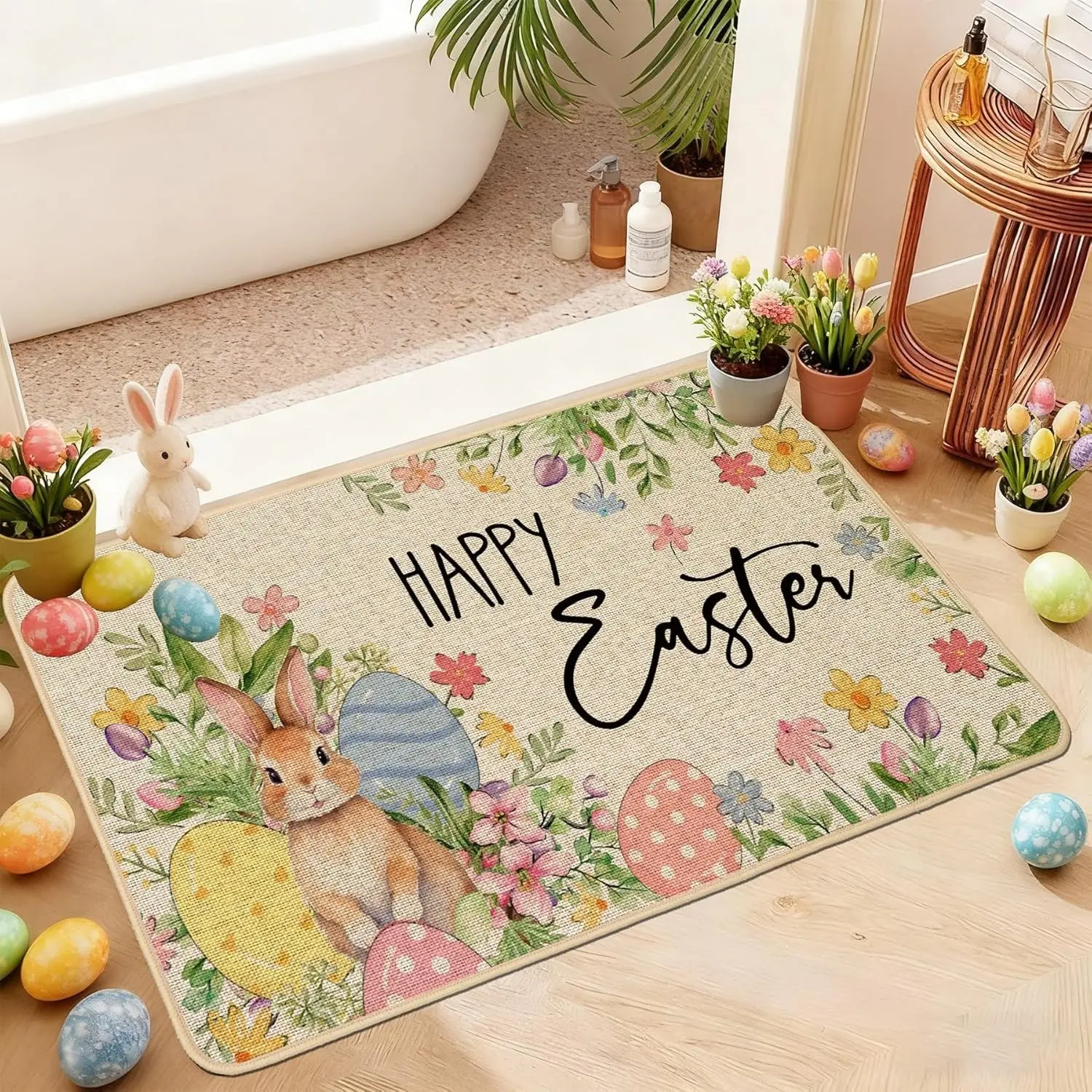 Doormat, Entrance mat for entry area, Welcome mat, Floral area rug, Easter HAPPY EASTER doormat, Easter Home Decor, bunny, floral, and egg-themed entryway doormat, New holiday decorations, Suitable for outdoor patio front door entrance mats, Easter gifts