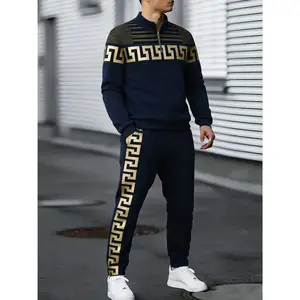 European and American men's two-piece set for spring and autumn fashion, retro style, striped contrasting art pattern printing, versatile long sleeved polo shirt and casual pants, sports suit suitable for outdoor daily leisure suit Athletic Clothes