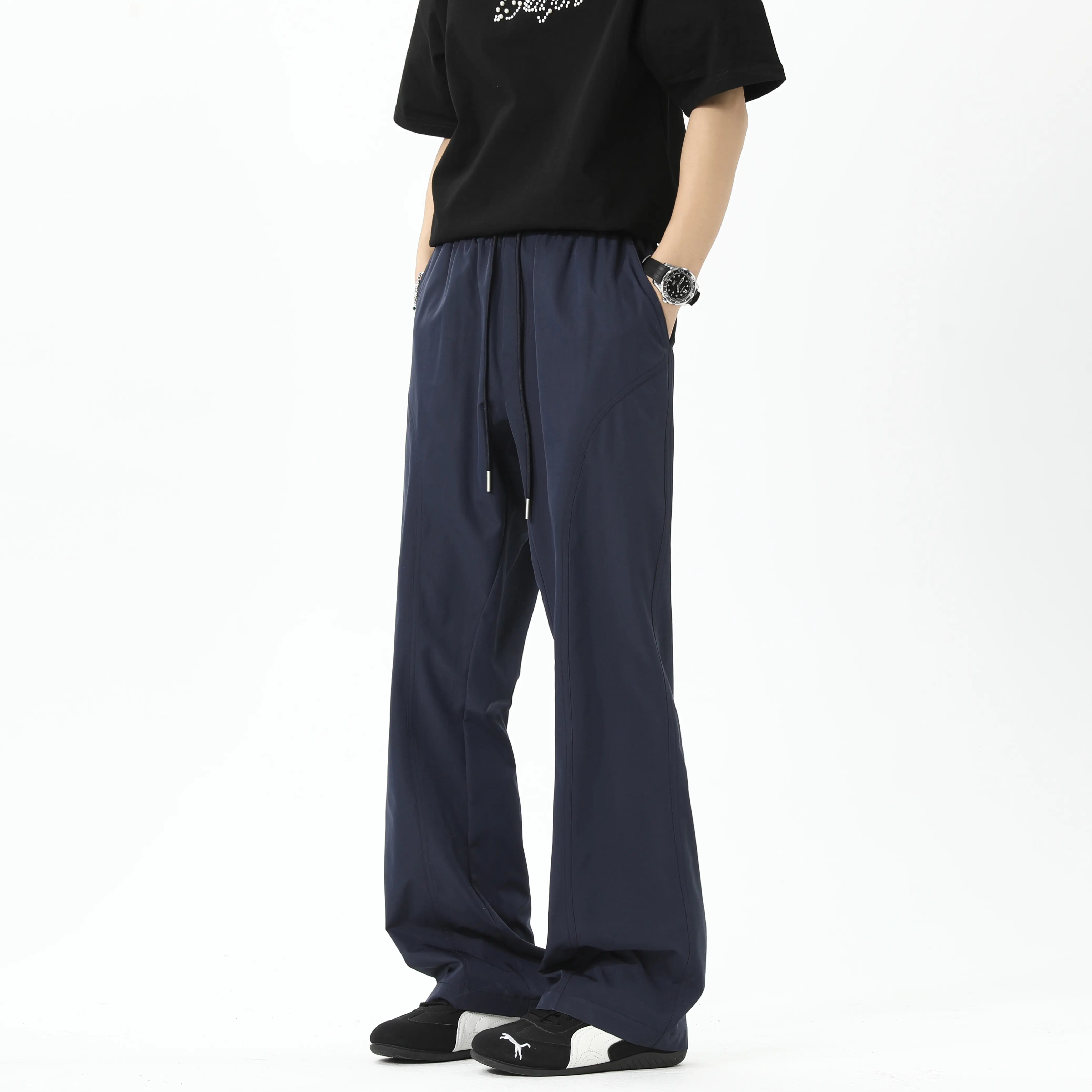 Men's Street Style Oversized Polyester Pants - CleanFit, Plain, Stylish, Solid-Color, Slightly Flared, Casual, Drapey, Breathable, Quick-Dry, Drawstring Waist, Floor-Length Flared Pants, Menswear, Baggy, Oversize