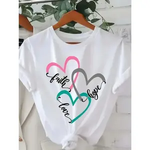Boxy Fit Streetwear Y2K Graphic Heavyweight CottonPlus Size Casual Heart Letter-Pattern Printed Women's T-Shirt | Round Neck Summer Short Sleeve TopsOrganic Cotton