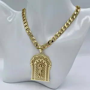 Cuban Necklace with Saint Lazaro Pendant 31.5 Inches Long, Gold Finish, 7 mm Chain