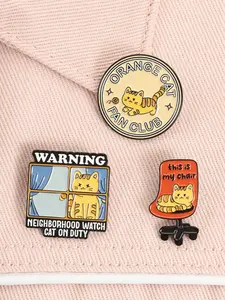 3 Piece Set Orange Cat Fan Club Enamel Pins Sassy Orange Cat Chair Funny Goofy Alloy Brooches Lapel Backpack Badge Fashion Jewelry Accessories Gifts for Friends Fashion Accessory