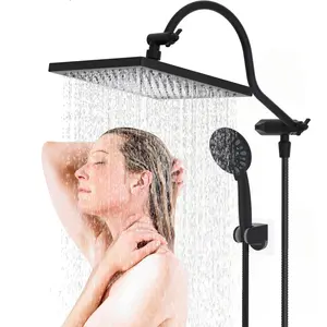 Hibbent 10 Inch High Pressure Rainfall Shower Head/Handheld Showerhead Combo with 12 Inch Adjustable Curved Shower Extension Arm,7-Spray,71-inch Hose Adhesive Showerhead Holder,Matte Black