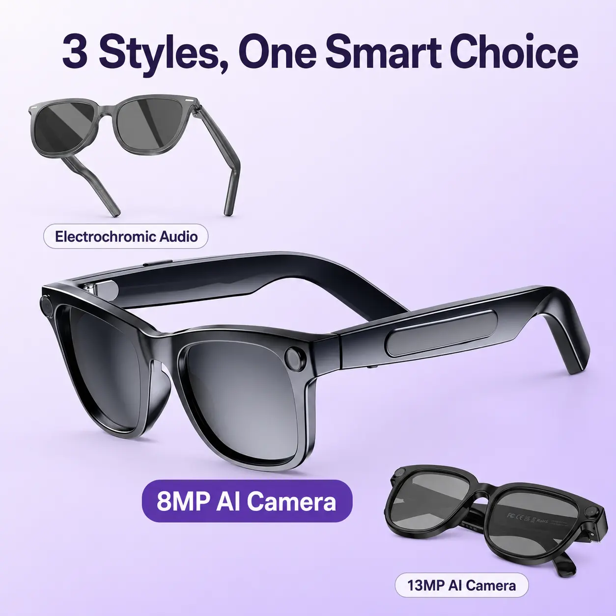 3-Style AI Smart Glasses: 8MP Camera Glasses with 2K Video Recording, 13MP AI Camera Glasses for Hands-Free POV Photography, or Electrochromic Lens Audio Glasses with Bluetooth Calling, Music Playback, Voice Recording & Multi-Language Translation