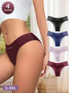 Women's Letter Print Contrast Lace Panty, Soft Comfy Breathable Knicker for Daily Wear, Underwear for All Seasons, Sheer Lace Panty