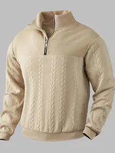 Men's Jacquard Zipper Stand Collar Long Sleeve Sweatshirt, Casual Knit Pullover for Fall Fashion, Daily Wear & Outdoor Activities
