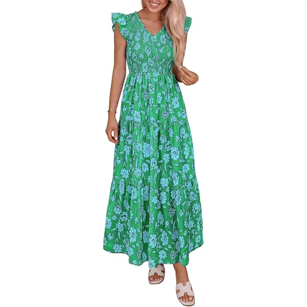 PrettyGarden Women's Cotton Boho Floral Maxi Dress Summer Smocked V Neck Ruffle Sleeve Spring Flowy Beach Vacation Sundresses