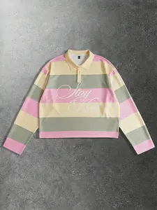 Men's Striped Polo Neck Long Sleeve T-Shirt, Casual Street Style, Spring & Fall Fashion, Fitted Sweatshirt, Unisex Design