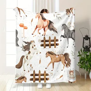 Horses Reversible Blanket Ultra Soft Flannel Cozy Warm All Season Versatile Bedroom Couch Sofa Office Home Camping Throw Decor Birthday Gift Christmas Gift for Equestrian Lovers Men Women Teens Kids Western Style