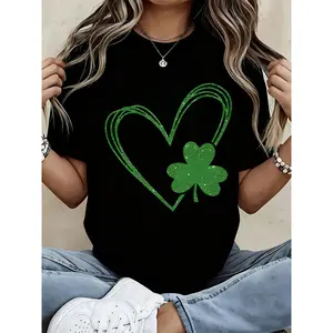 St Patrick's Day Green Heart And Clover T-Shirt Women's Festive Shamrock Design White Crewneck Top For St Patrick's Day Celebration