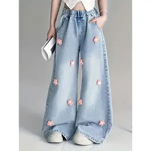 Girls' Denim Loose-Fit Wide-Leg Pants with 3D Flower Design, Elastic Waist, Durable & Stretchy, Versatile for Spring/Summer/Fall, Perfect for Outdoor Activities and School Outfits, Everyday Comfort Wear |     Playful Style Pants |     Durable Fabric