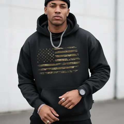 Men's Camo American Flag USA Graphic Hoodie - Cotton Blend Black Long Sleeve Pullover Regular Fit | Soft & Breathable Fabric, Durable Print, Everyday Comfort, Machine Washable, camouflage flag design casual wear