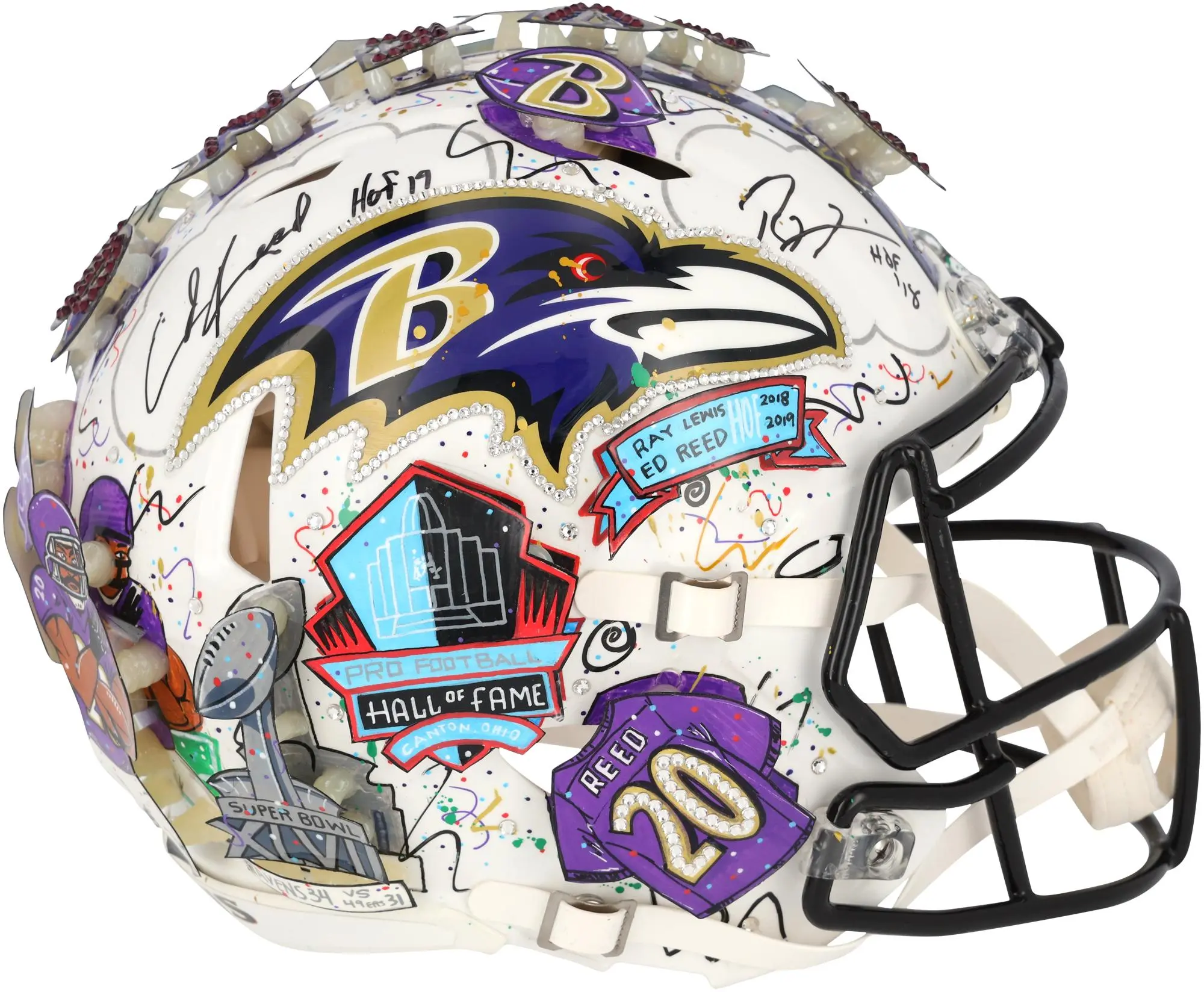 Ray Lewis & Ed Reed Baltimore Ravens Autographed Riddell Flat White Alternate Revolution Speed Authentic Helmet with Hall of Fame Inscriptions - Art by Charles Fazzino - XP14012990 - Fanatics Authentic Certified