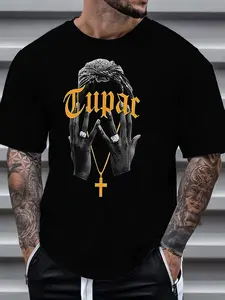 A men's black short-sleeved T-shirt with a bold "TUPAC" lettering pattern and unique hand-painted design - this casual round-neck polyester T-shirt is suitable for spring/summer outings.