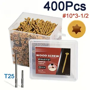 200 400pcs Deck Screws Set T25 Torx Self Tapping Wood Screws Exterior Deck Screws, # 10*3-1/2 Rust Resistant Exterior Deck Screws With Yellow Ceramic Coating-for Easy Installation - Ideal For Wood Fastening