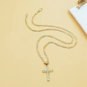 18K Gold Plated Zircon Crucifix Jesus Cross Pendant Necklace Figaro Chain Unisex Faith Jewelry Gift For Men Women