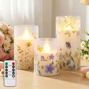 3-Pack LED Floral Candles, Flameless Pillar Candles with Remote Control, Battery Powered, Timer Feature, Sizes 3x4", 5", 6"