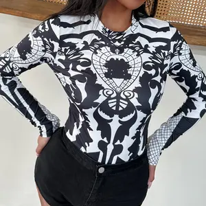 Women'S High-Neck Long Sleeve Bodysuit, Vintage Printed Tight Fitting Leotard, Casual Style, Polyester Knit Fabric, No Belt, All Seasons, Fashionable Ladies' Top-XZFB2022