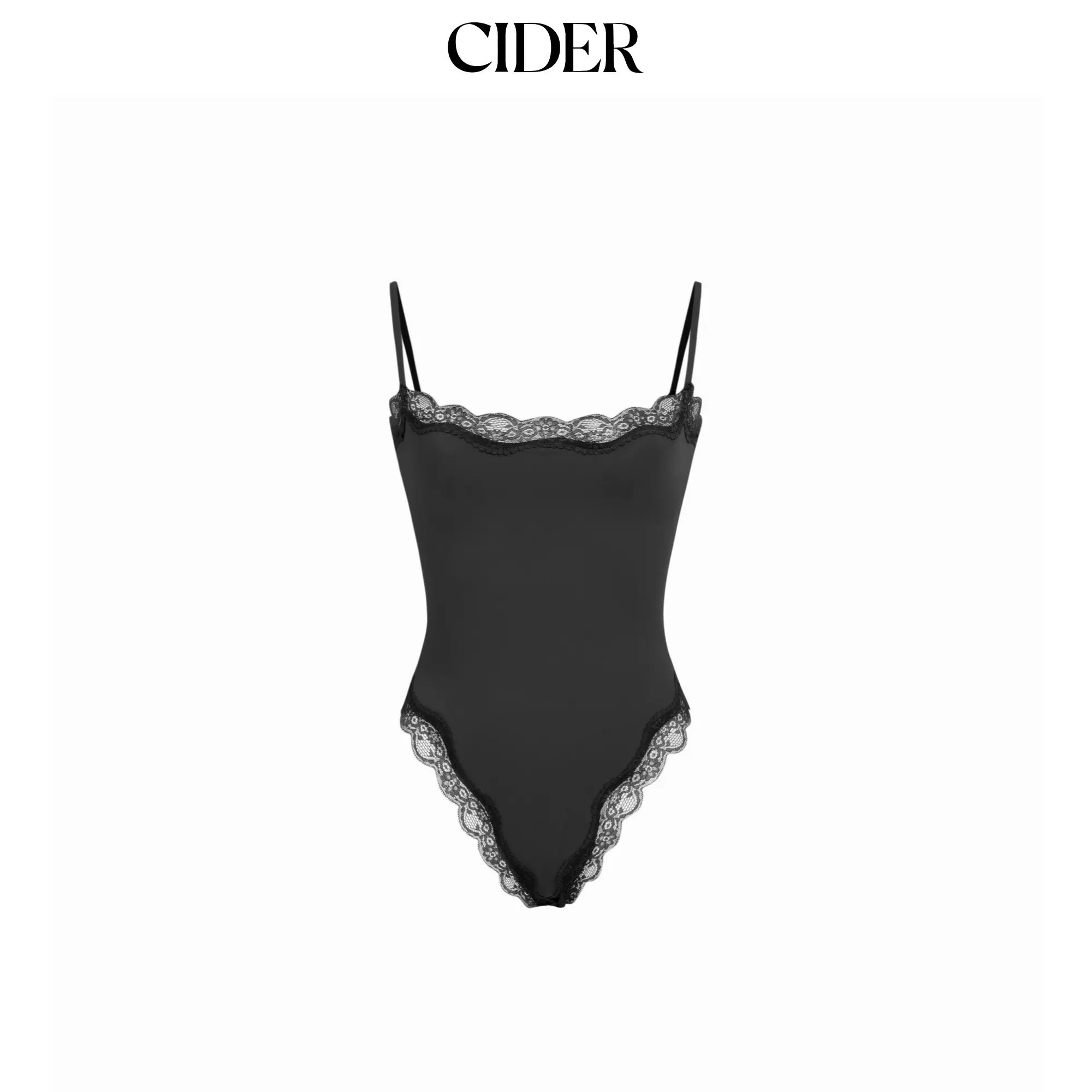 Cider Women's Sleeveless Lace Trim Bodysuit, Snug Fit Jersey Fabric Top with a Square Neckline, Tops, Solid Colors, Basic, Xs, Full Body, Chic, Contrast Lace, Slim-Fitting