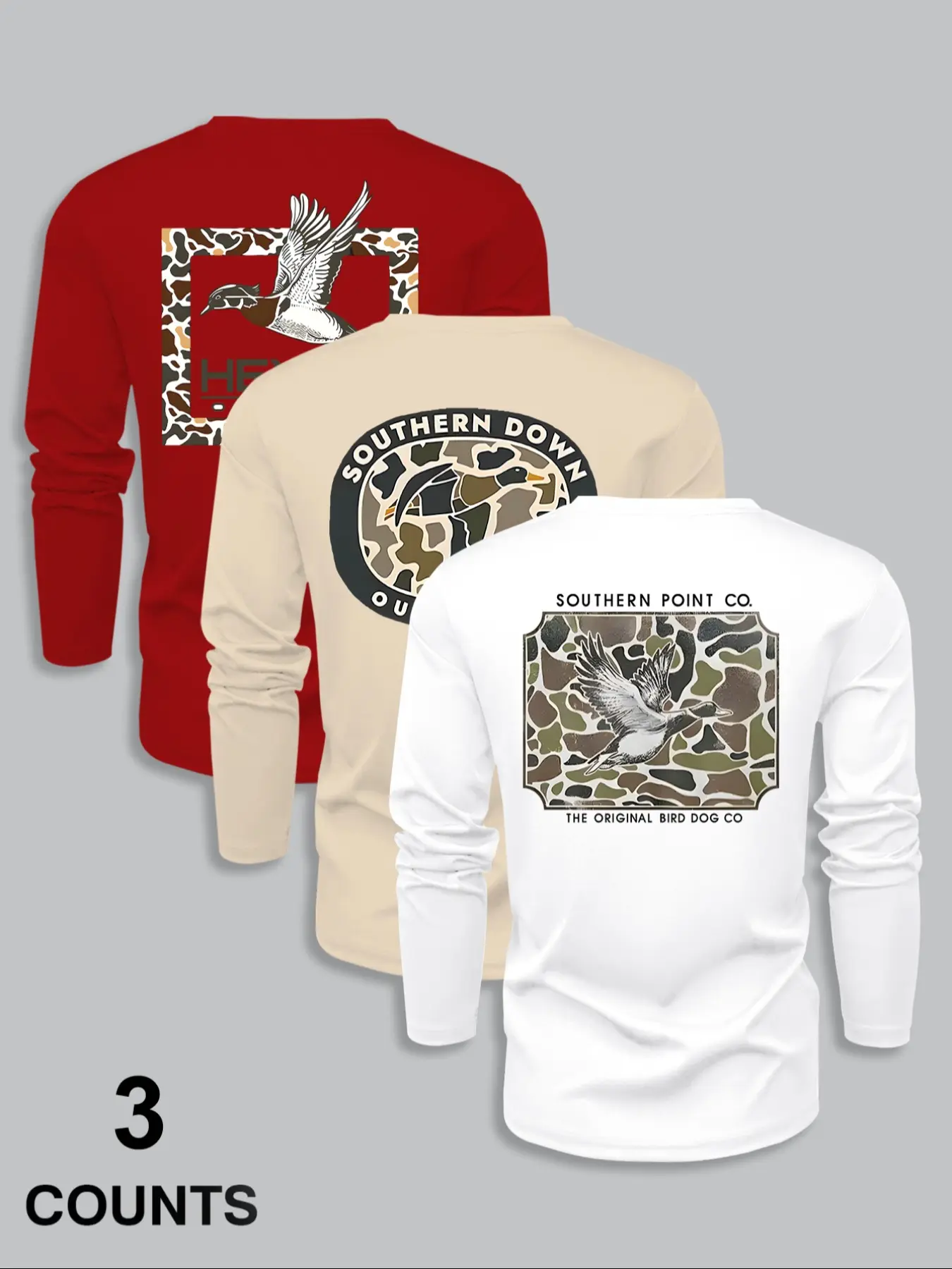 Men's Classic 3-Piece Set Graphic Letter Print Animal Long Sleeve T-Shirts Casual Camouflage T Shirt Menswear, Casual Streetwear Fitted Tops for Spring & Fall, Comfortable Soft Moderate Fabric, Casual Fashion Wear, Camouflage Clothing