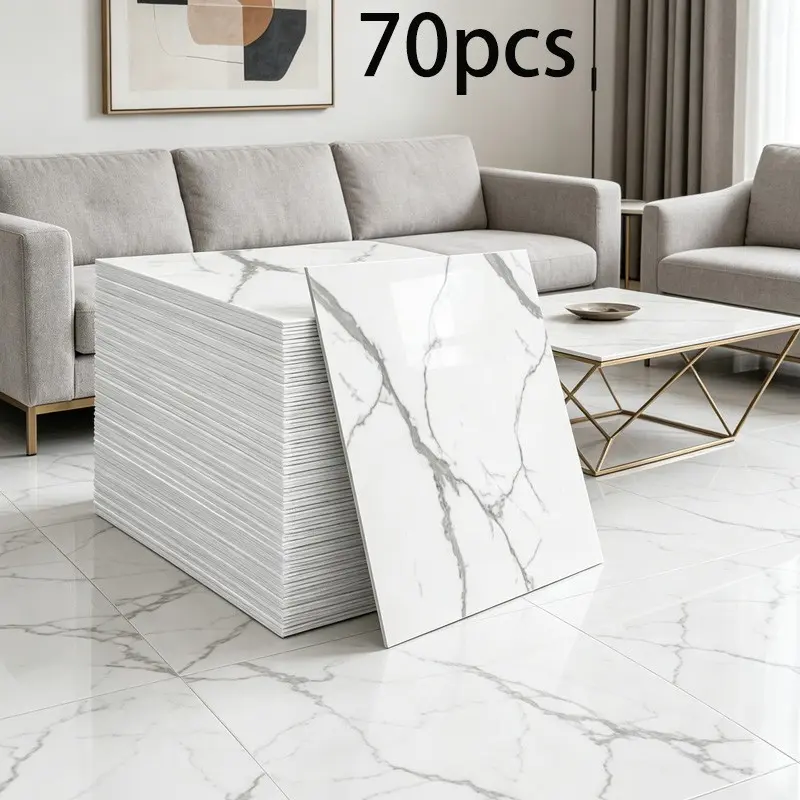 70pcs 3D Self-Adhesive PVC Marble Interior Wall Stickers, Thick Waterproof Oil-Resistant Glossy Tile Look, Living Room Bedroom Kitchen Bathroom Decor, Self Stick Wallpaper, Bathroom Peel and Stick Wallpaper