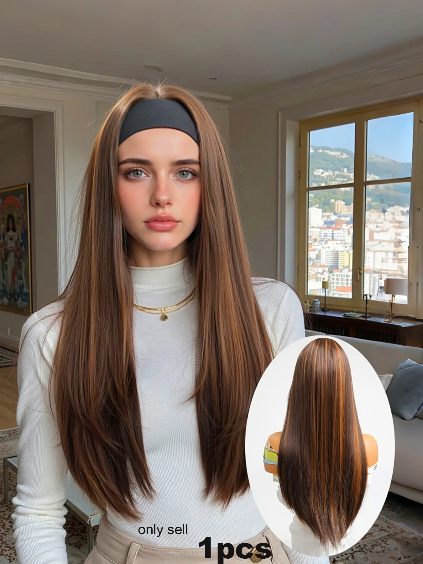 Women's Headband Style Wig, Synthetic Fiber Wig, Highlights Dark, Long Straight Design, Adjustable & Comfortable Fit, Ideal for Daily Use, Daily Wear Wig, Straight Wigs, Hair Wig, Synthetic Material Wigs