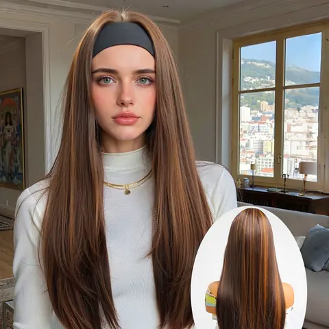 Women's Headband Style Wig, Synthetic Fiber Wig, Highlights Dark, Long Straight Design, Adjustable & Comfortable Fit, Ideal for Daily Use, Daily Wear Wig, Straight Wigs, Hair Wig, Synthetic Material Wigs