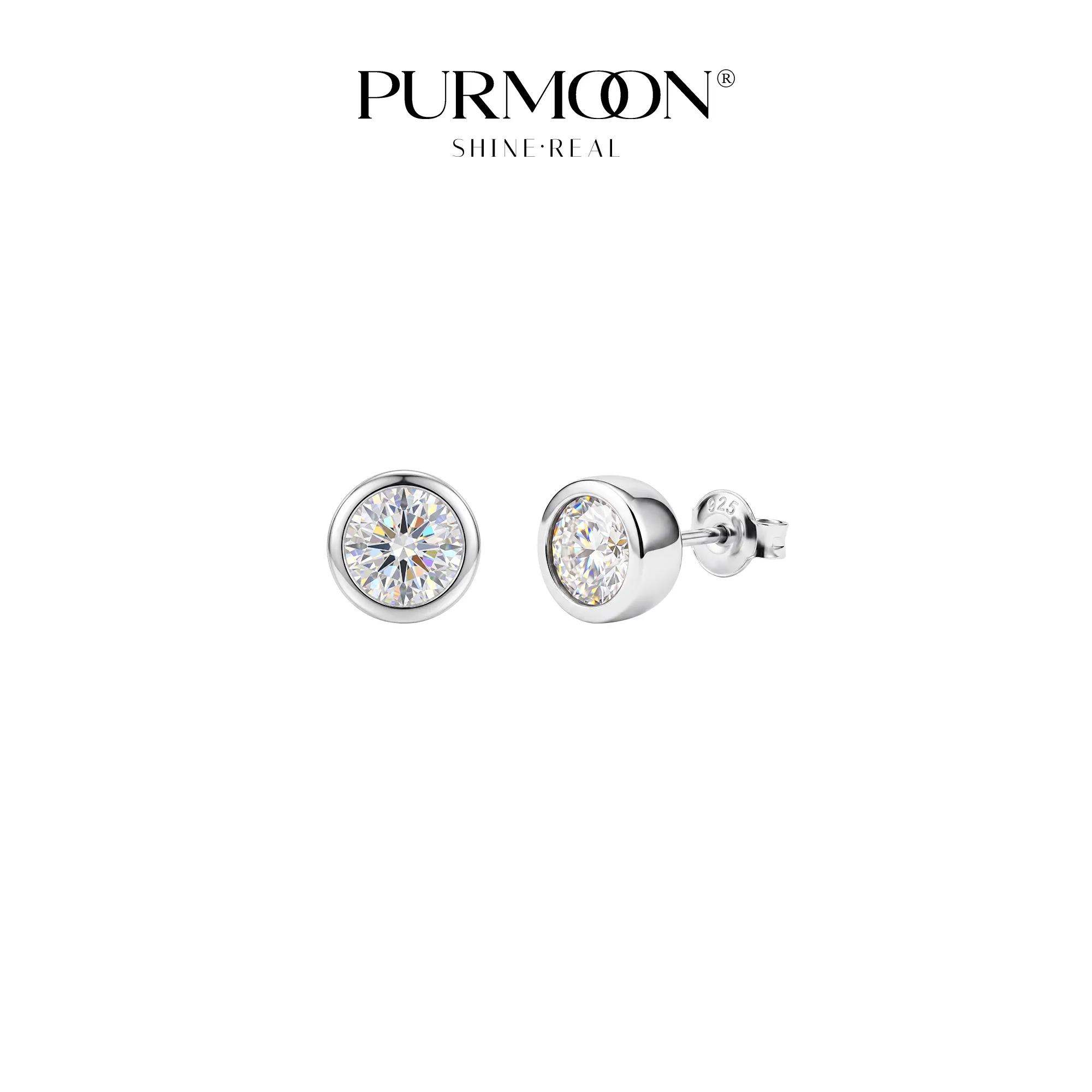 [Bezel Stud Earrings] Purmoon 1CT Each Round Moissanite S925 Sterling Silver 2CT Total Unisex Everyday Studs Gift For Him & Her