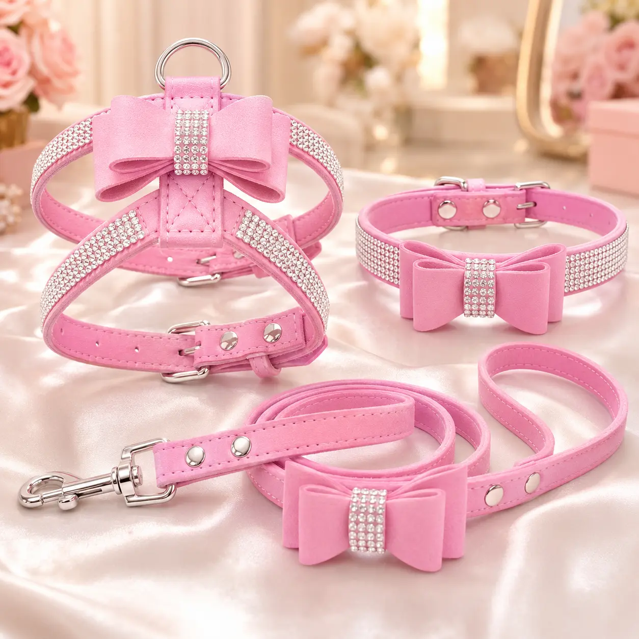 New Suede Rhinestone Bow Dog Harness, Collar & Leash Set - For Small Dogs, Available in Black, Blue, Brown