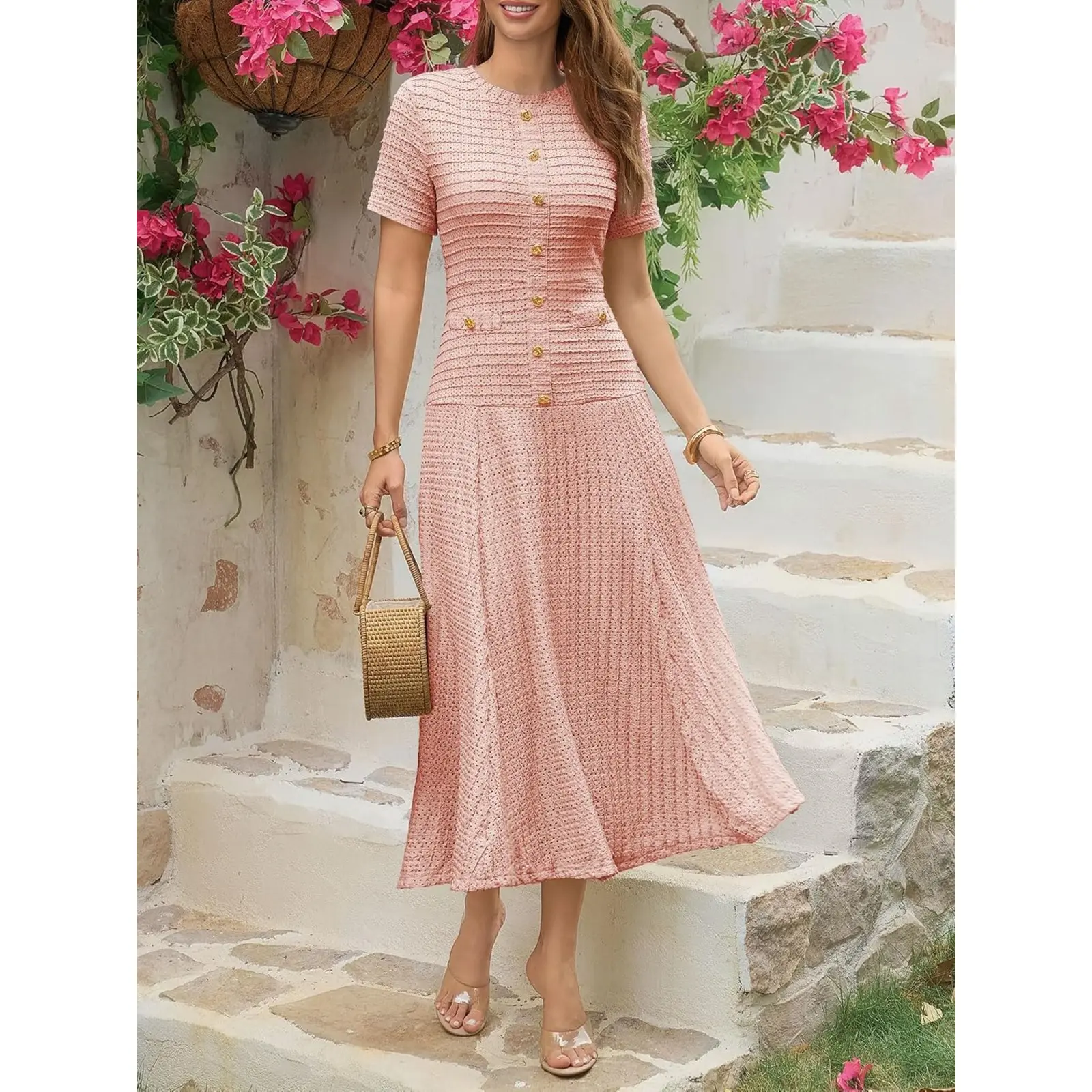 Wenrine Womens Midi Dress Summer Casual Short Sleeve Crewneck Button Decor. Textured Slim Fit A Line Dresses