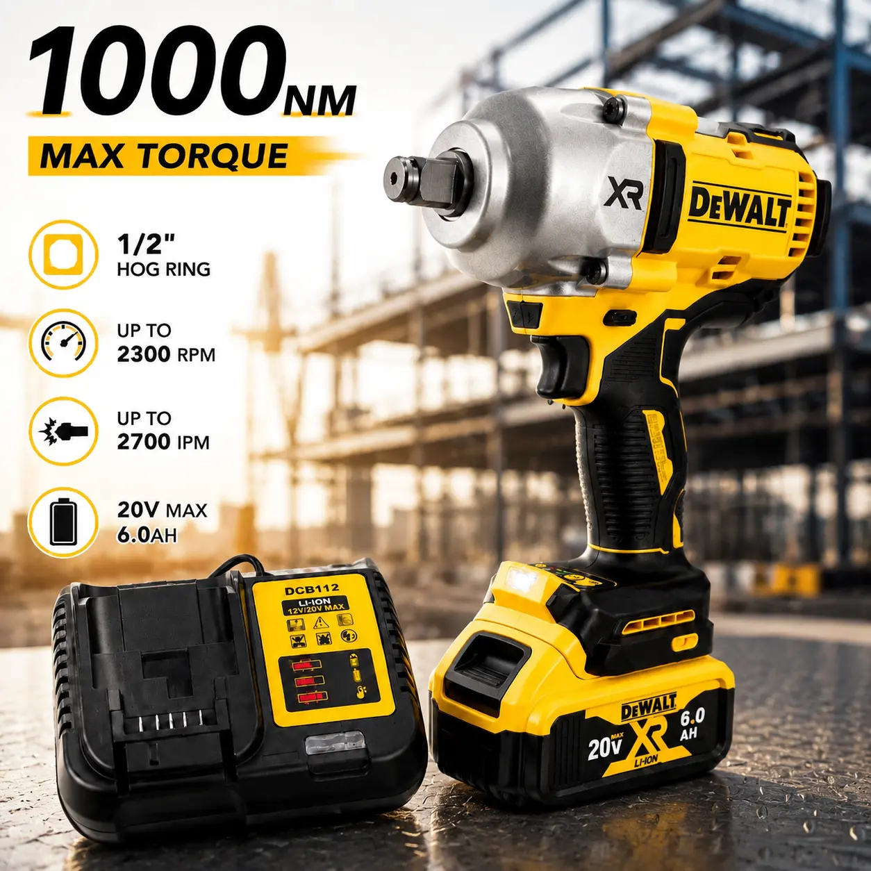 DEWALT DCF900 Kit, 20V Brushless Motor 1/2 In Hog Ring Anvil Impact Wrench, Includes Battery & Charger, Ideal for DIY Enthusiasts with Superior Grip