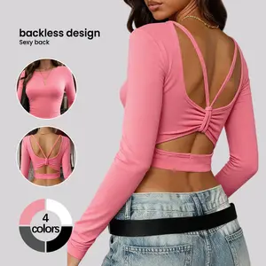 TCVC Women's Long-Sleeve Layering Top - Stylish Strappy Open Back, Skin-Friendly Fabric, All-Season Wear, Perfect for Yoga & Fitness