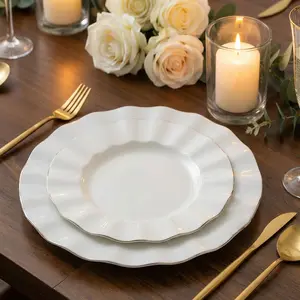 10-Pack Plastic Round Dinner Plates 9" Pearl White Ruffled Rim with Gold Edging - Heavy Duty Disposable Dinnerware