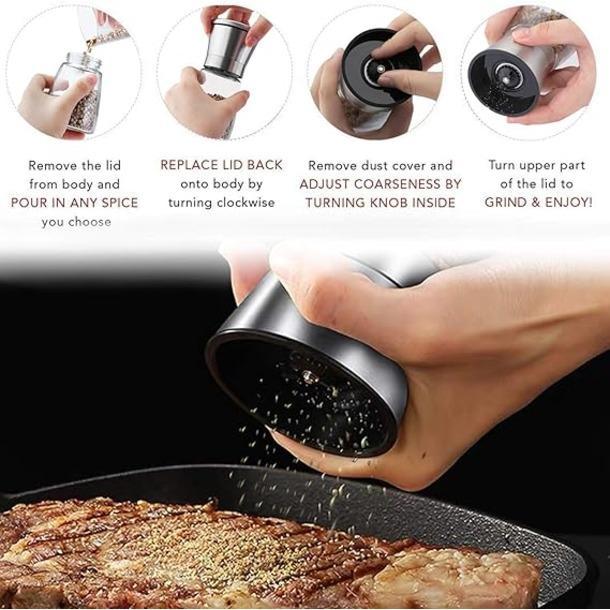 Salt and Pepper Grinder Set with Wooden Standing Tray, Refillable Pepper Mill Set - Brushed Stainless Steel - Short Glass Shakers with Adjustable Coarseness for Peppercorn, Salt or Spice Mills