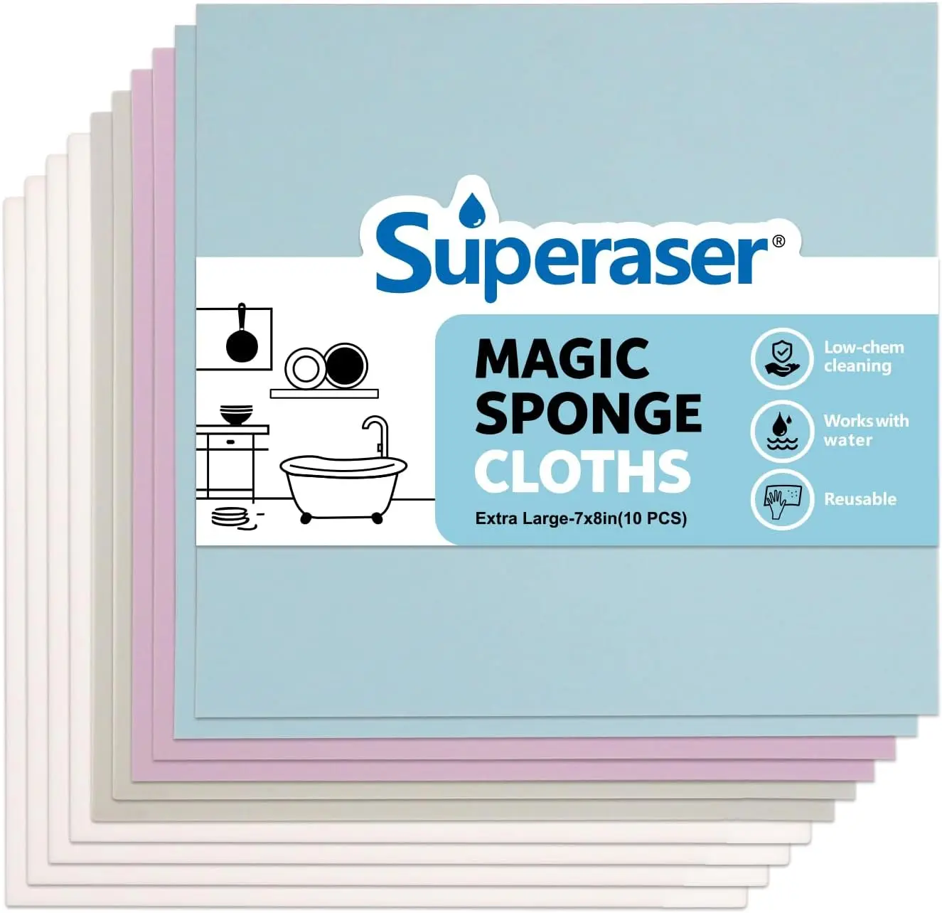 Magic Cleaning Sponge Pads, Melamine Foam Cloths, 7x8 in, 10-Pack - No-Scratch, Water-Only Cleaning for Kitchens, Bathrooms (No Chemicals Needed)